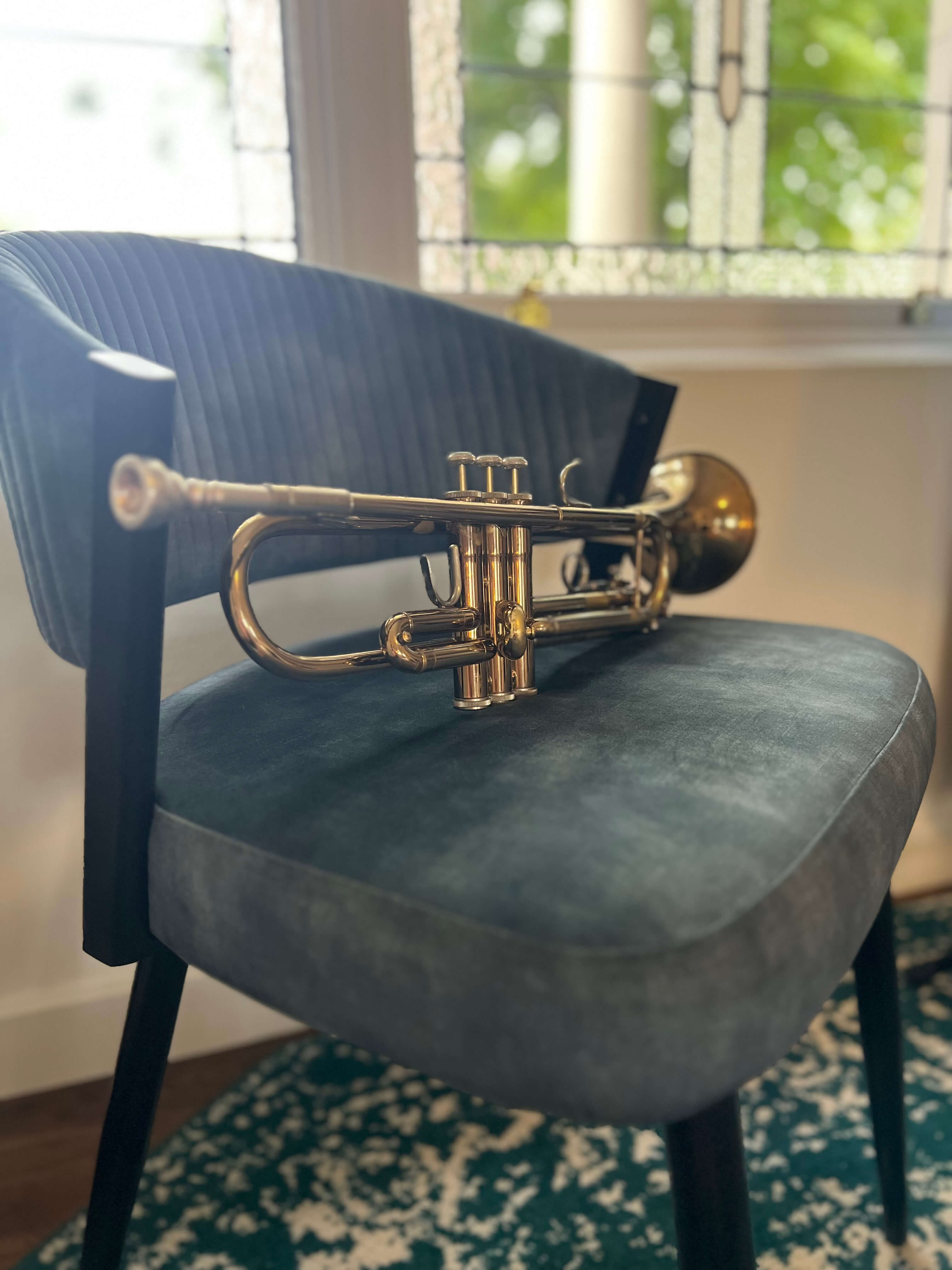 Trumpet resting on a velvet chair by a leadlight window